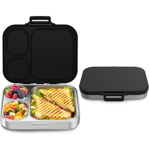 Stainless Steel Bento Box Kids, Leak Proof Metal Bento Lunch Box,3 Compartments 304 Stainless Steel Bento Lunch Containers for School and Office, BPA-Free(Black)