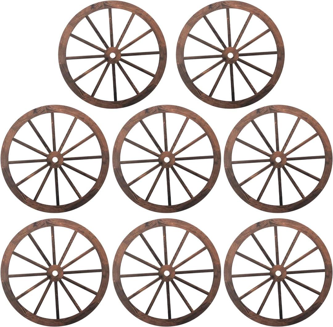8 PCS Wooden Wagon Wheel Decor with Hemp Rope, 12 Inch Wooden Vintage Rustic Wagon Wheel, Wagon Wheel Wall Decor and Hanging Decorative Wheels for Western Decor, Bedroom, Rodeo Theme Party