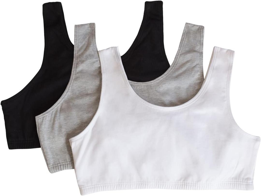 Fruit of the Loom Girls' 3 Pack Cotton Built-Up Stretch Sports Bra in Everyday Colors, Black/ White/ Heather Grey, 36