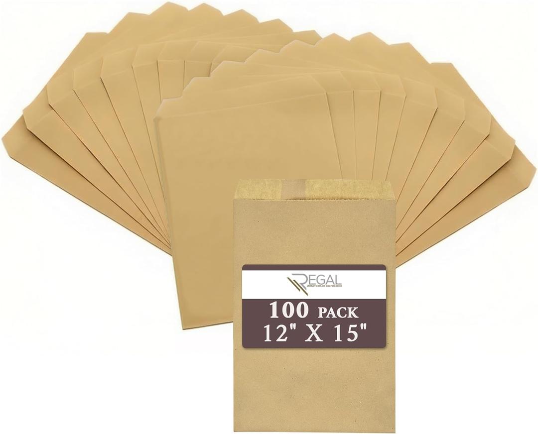 RJ Displays 100 Pack Brown Kraft Paper Merchandise Tote Bags | Small Paper Gift Shopping Bags Bulk for Magazines, Books, Party Favors, Retail Sales Tote Bags for Packaging 12" x 15" Inch (Brown)