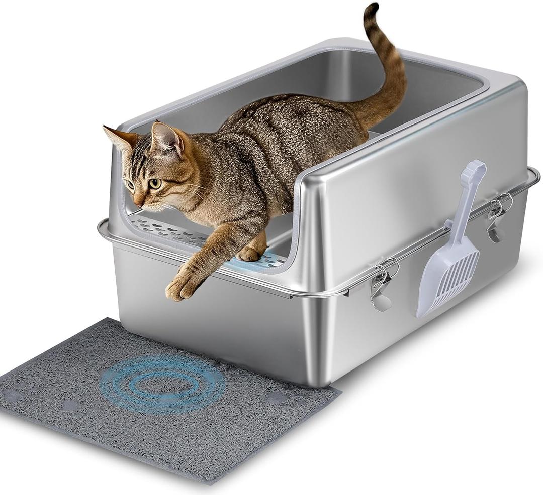 Stainless Steel Litter Box with Metal Lid and Scoop - Enclosed Metal Litter Box for Large Cats, Rust-Resistant, Odor-Control, Easy to Clean, Durable & Long-Lasting with Round Edge (XL) (XL:23.6"x15.8"x11.8")