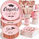 Ecomore Graduation Decoration Class of 2025 Pink Graduation Decoration 350 PCS - Rose Gold Grad Party Supplies Disposable Dinnerware (Serves 50) Paper Plates Cup Napkin Fork Knife Spoon (Pink & Black)