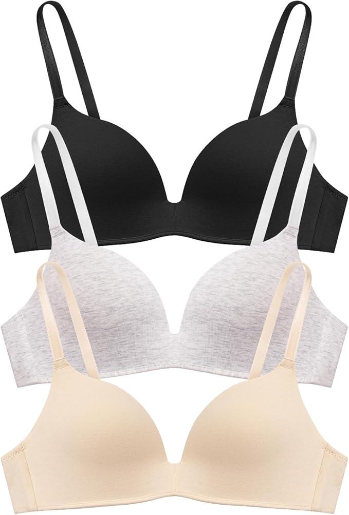 Eleplus 3 Pieces Lightly Lined Wireless Bras for Women Comfy Plunge T Shirt Bra Pack 34A
