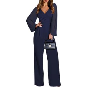 Pink Queen Jumpsuits for Women Dressy Patchwork Chiffon Sleeve V Neck Wide Leg Romper Elegant Party Outfits, M