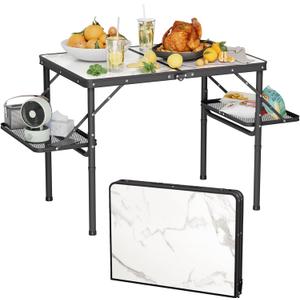 Titanker Folding Camping Table 3ft, Folding Picnic Table, Camp Tables Portable, 50% Extra Side Space, Outdoor Patio Table, RV/Car Camping Essentials, Aluminum Light & Solid (Large 35.4"L x 23.6"W x 27.9"H, White Marble Top & Black Frame)