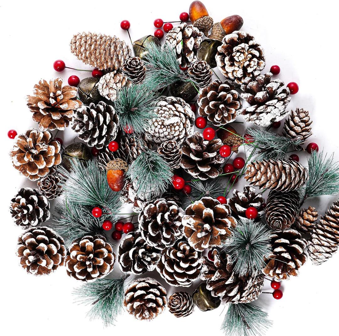 120pcs Artificial Pine Cones Pine Set Fake Natural Pinecones Acorns Red Berries Christmas Decor Ornaments for Home Winter Decorations