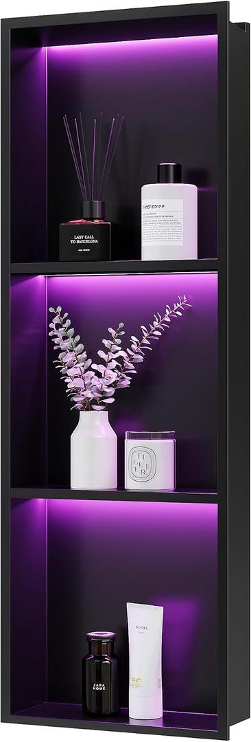 3-Tiers 12x36Inch Wall Niche with RGB LED Light Strips, Matte Black Shower Niche Shelf Cabinet, Stainless Steel Bathroom Shelf, NO Tile Needed Recessed Waterproof Storage Organizer