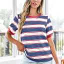 Dokotoo Womens Summer Tops 2026 Striped Color Block Short Sleeve Fashion T-Shirts Crewneck Casual Loose Basic Tee Blouses (Blue, L)