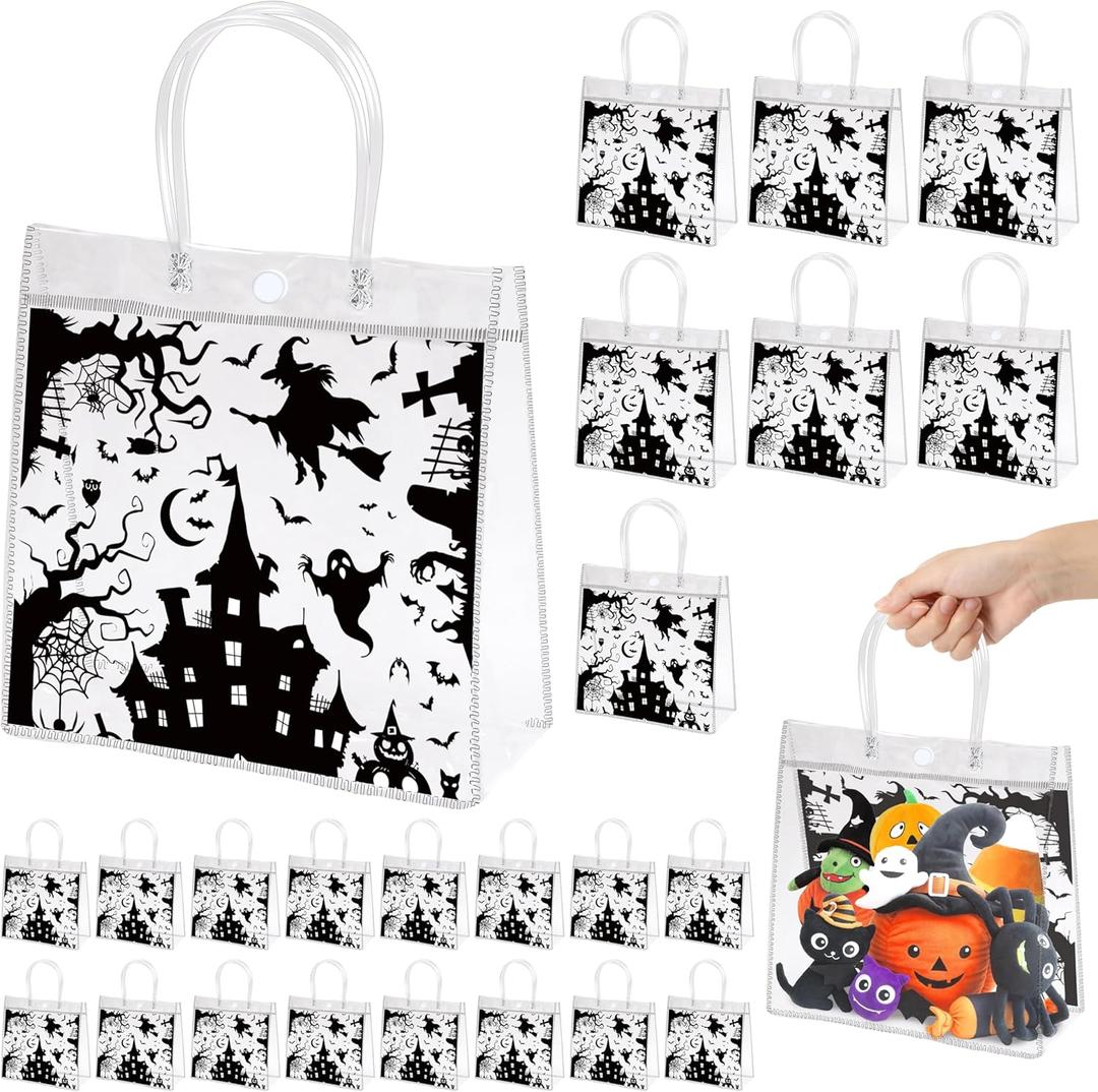 24Pcs Halloween Clear Plastic Gift Bags with Handle - Large Reusable Transparent PVC Party Favor Bags PVC Treats Goodie Gift Wrap Bags Bulk for Halloween Party School Events, 7.9 x 7.9 x 3.15 Inches (Black)