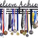 Generic Believe Achieve Medal Holder and 50 Ribbon Hanger Display for Gymnastics, Marathon and 5K Running, Dance, and Sports, Large Award and Trophy Shelf, Steel Wall Mount with Hardware, Black