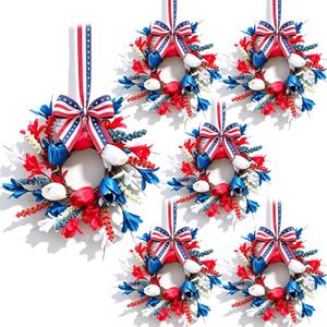 2 x 6 Pcs Small 4th of July Hanging Wreaths for Cabinets with Red White Blue Tulips Blooms Artificial Mini Independence Day Mini Candle Ring Wreath for Memorial Day Front Door Window Porch Wall Decor
