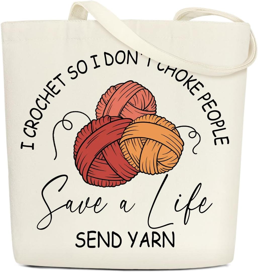 Funny Crochet Canvas Tote Bags for Women Aesthetic Gifts for Crochet Lovers Birthday Christmas Mother's Day Cute Cotton Tote Bag for Shopping Work Reusable Grocery Shoulder Bag with Wide Strap - DH703