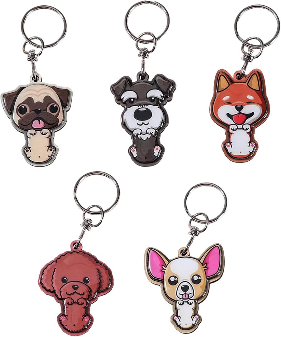5-Pack Dog Collar Charms with Metal Rings -Double Sides Charm in Resin, Chihuahua, Teddy, Schnauzer, Shiba Inu, and Pug Designs, Decoration for Dog Collar Harness and Leashes