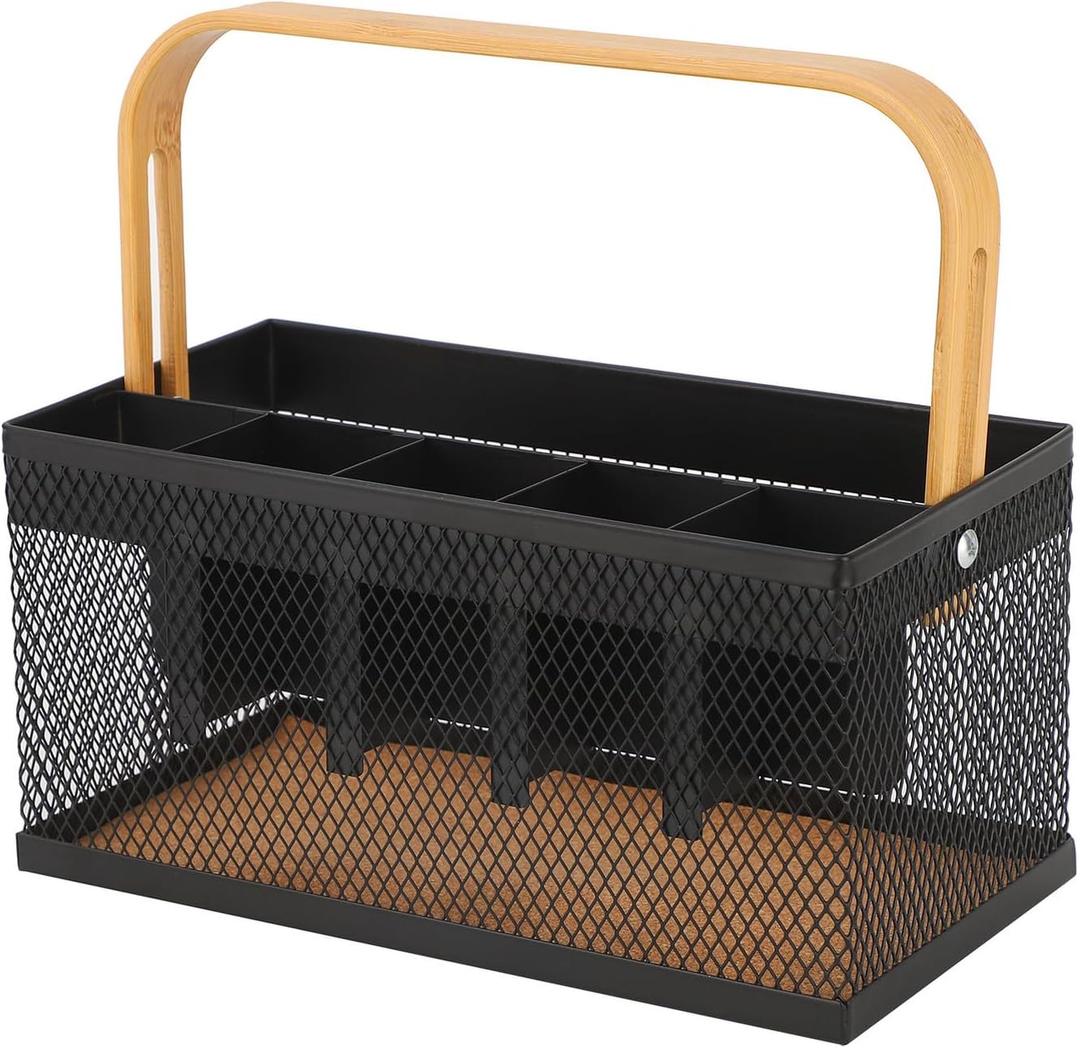 AJIODA Utensil Caddy Metal Mesh Silverware Cutlery Organizer Basket with Bamboo Handle, Multi-Purpose Steel Wire Caddy 6 Compartment Flatware Basket for Kitchen, Countertop, Picnic, Restaurant, Black