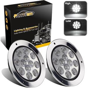 Partsam 2PCS 12 LED White 4" Round Backup Reverse Lights Marker w/Stainless Rings Sealed