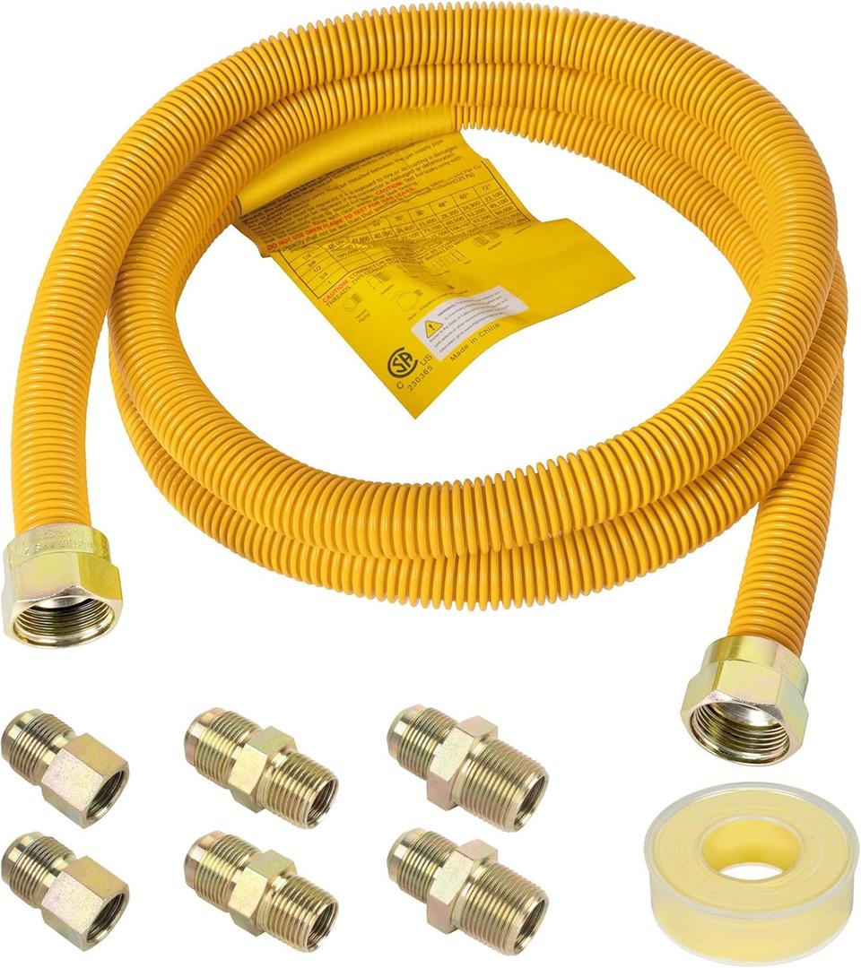 72" Dryer Gas Line Kit for Stove, Water Heater, 5/8" OD Stainless Steel Gas Hose Connector Kit with 3/4" FIP & 3/4" MIP & 1/2" MIP Fittings, Long Distance Connection