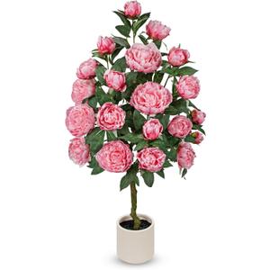 Hollyone Pink Fake Peonies Tree 4FT Peonies Artificial Flowers Tree in Pot Faux Peony Plants & Flowers in Planter Greenery Potted Plant Indoor Outdoor Front Door Porch Home Decor