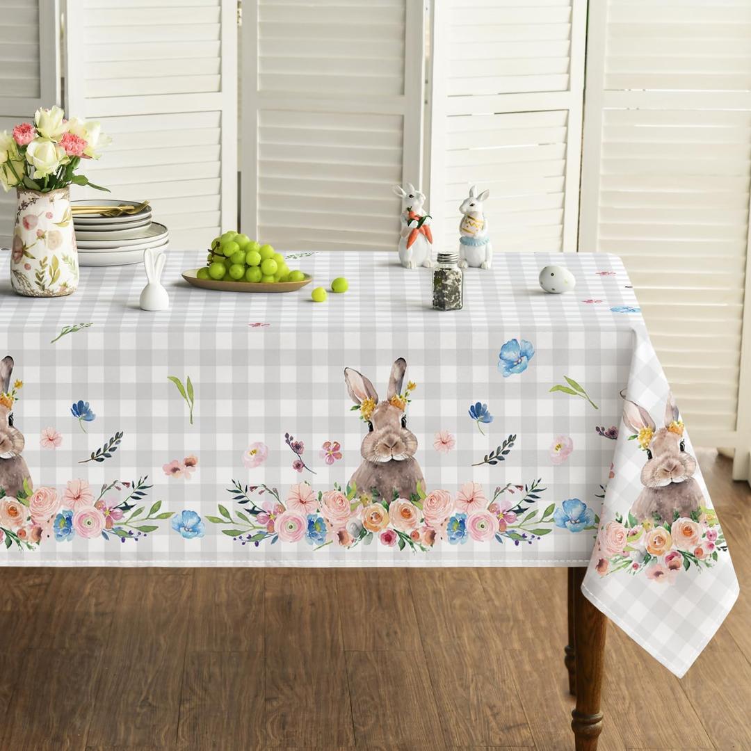 Horaldaily Easter Tablecloth 52x70 Inch Rectangular, Spring Flower Buffalo Plaid Bunny Table Cover for Party Picnic Dinner Decor (Grey)