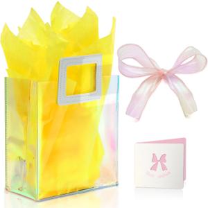 2 x KeerxunBag 1 Pack Holographic Gift Bags with Handles & 2 Tissue Paper Sheets – Iridescent Transparent Reusable Bags for Women, Girls, Birthdays, Weddings，Yellow Gift Bag
