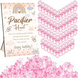 Thyle 51 Pcs Pacifier Hunt Baby Shower Games Include Hunt Sign and 50 Acrylic Pacifiers for Baby Shower Game Decoration Gift Sets Gender Reveal Party Decor(Rainbow) (Pink)