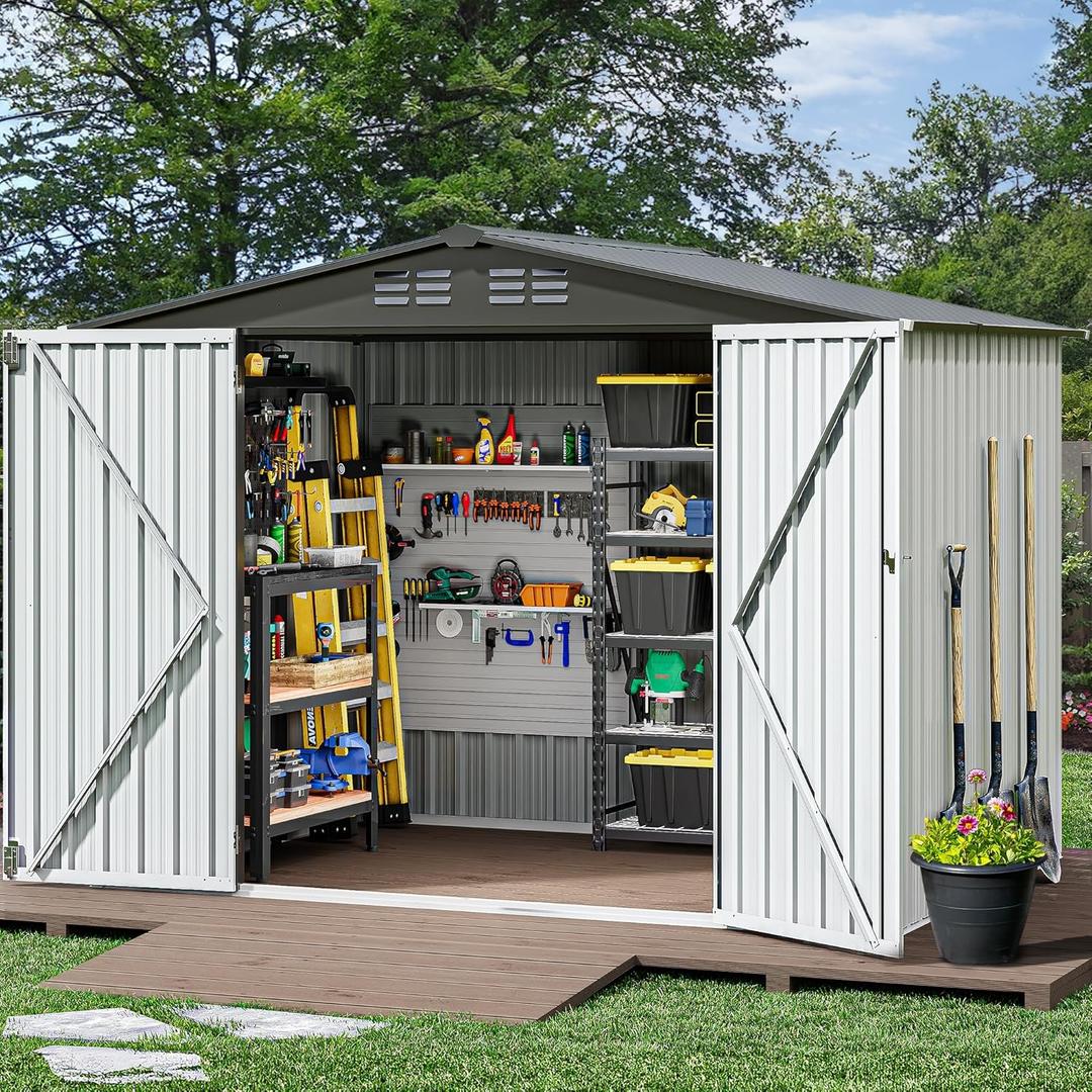 DWVO 8x6 FT Outdoor Storage Shed, Large Metal Tool Sheds, Heavy Duty Storage House with Lockable Doors & Air Vent for Backyard Patio Lawn to Store Bikes, Tools, Lawnmowers, White