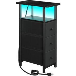 Narrow End Table Living Room with Charging Station, Skinny Side Table with Fabric Drawers, Slim LED Nightstand for Bedroom, Small Spaces, Couch, Black, HETNDP03LBK-1