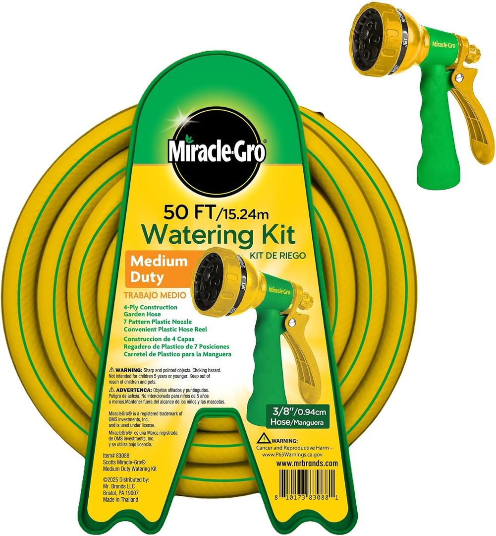 Miracle-Gro 50 ft. Garden Hose Watering Kit 3/8 in. Watering Hose with Adjustable Nozzle and Included Plastic Hose Reel Ideal for Patios, Small Outdoor Spaces, Lawn and Garden Use