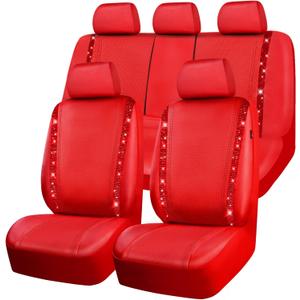 CAR PASS Bling Diamond Car Seat Covers Full Set, Shining Rhinestone Waterproof Faux Leather, Rear with Zipper, Universal Fit Automotive Glitter Crystal Sparkle Strips for Cute Women Girl, Red