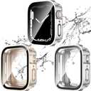 2 Pack 2 in 1 Waterproof Case for Apple watch Series 9 8 7 41mm, Straight Edge PC Front & Back Bumper with Tempered Glass Screen Protector 360 Protective Cover for iWatch (41mm, Starlight/Silver)