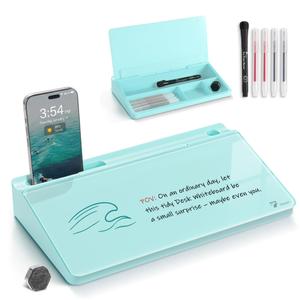 TOWON Small Compact Glass Desktop Whiteboard with Storage – 12 x 7 in Dry Erase Board for Desk, Home Office, School | Includes 5 Markers, Eraser & Holder | Space-Saving Organizer, Aesthetic Teal Blue