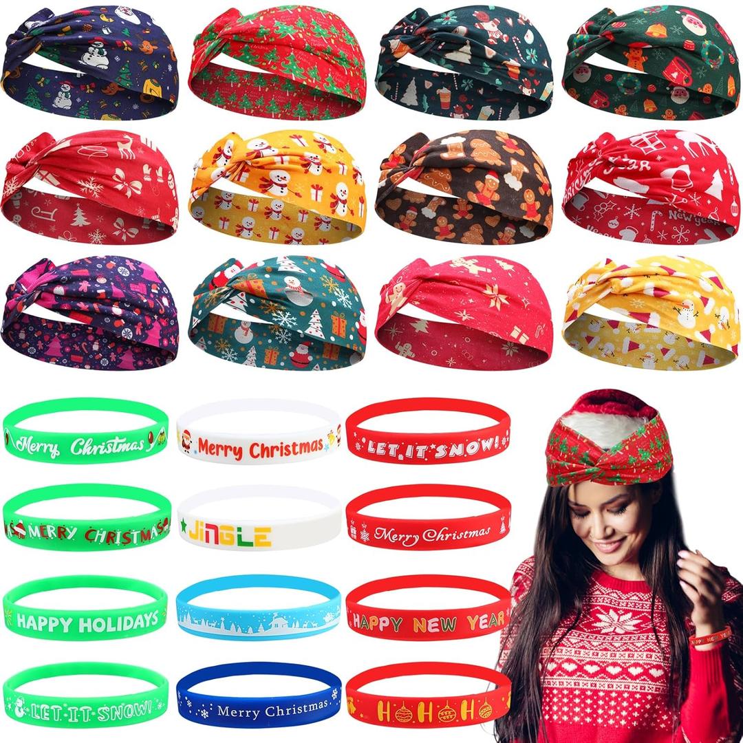 24 Pcs Christmas Party Favors Christmas Headbands Silicone Bracelets Set Xmas Headbands Rubber Bracelets for Xmas Gifts Accessories Holiday Party Supplies(Classic Style)