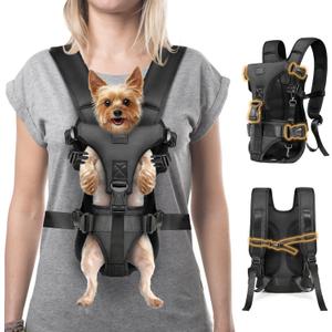 Dog Front Carrier Backpack, Legs Out Secure-Fit Pet Chest Carrier for Small Dogs (6-24 lbs), Adjustable Pet Carriers with Safety Belt, Hands Free Dog Backpack Carriers for Hiking Cycling (S, Black)
