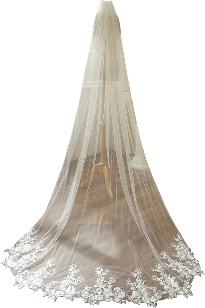 Chapel Length Sequin Lace Floral Wedding Bridal Veil with Comb
