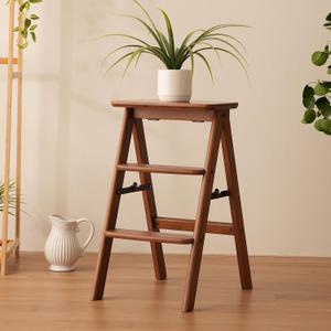 Step Ladder 3 Tier Folding- Anti Slip Step Stool Foldable, Multi 3-in-1 Bamboo Step Ladder Lightweight Portable, Wooden Step Stool Saving Space for Kitchen and Office(Brown, Capacity 250lbs)