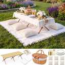 Huwena 151 Pcs Picnic Set Folding Picnic Table 59'' x 23.6'' Extra Large Outdoor Boho Blanket Empty Picnics Baskets Tablecloth Beige Table Runner 6 Pillow Cover Plates and Cutlery Set for Camp Wedding