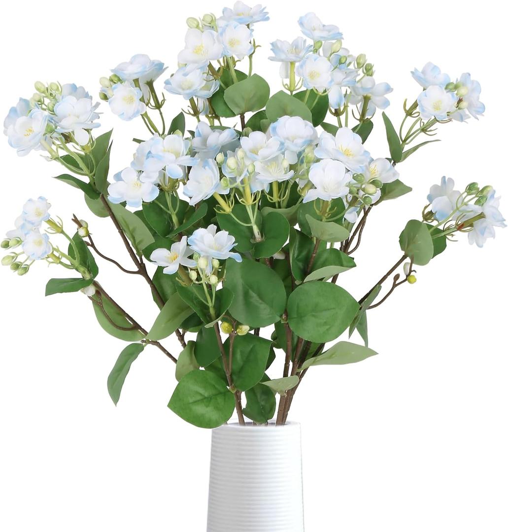 IPOPU Light Blue Forsythia Artificial Flowers for Decoration 6pcs Fake Winter Jasmine Plant Silk Flowers for Wedding Table Centerpiece Garden Living Room Home Decor(Light Blue)