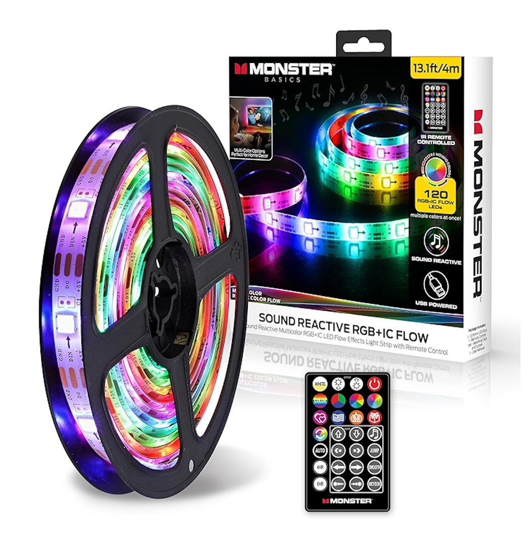 13.1ft Color Flow Multi-Color LED Light Strip, Indoor, Fun Flash Mode, Remote Control, Dimmable, Self Adhesive, Timer, 120 RGB+IC LEDs, USB Powered, Multi-White, Sound Reactive