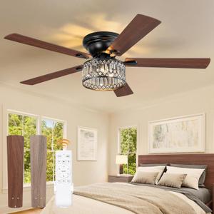 56 Inch Low Profile Chandelier Ceiling Fan with Light, Crystal Ceiling Fan with Lights, 6-Speeds, Quiet Reversible DC Motor, Black Flush Mount Ceiling Fans with Remote for Bedroom, Living Room