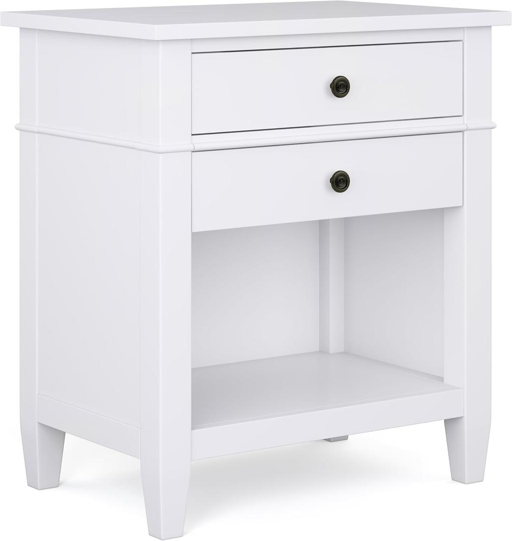 SIMPLIHOME Carlton Bedside Table - 24 inch Wide Solid Wood Nightstand Table in White, Transitional Bedroom Side or End Table with 2 Drawers, Open Storage Shelf and Bronze Hardware