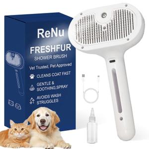 Fresh Fur Shower Brush,3 in 1 Pet Steam Brush,Spray Hair Removal Comb for Cats Dogs - Deshedding Grooming (White)