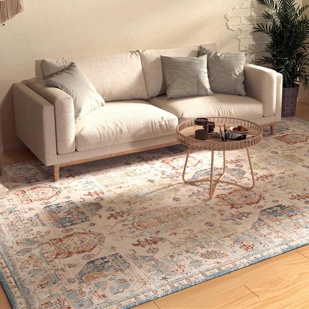 Machine Washable Rug 8'x10' Area Rugs with Non-Slip Vintage Rug for Living Room Low Pile Floral Distressed Printed Rug Stain Resistant Carpet for Home Decor Bedroom Dining Room Office,Green