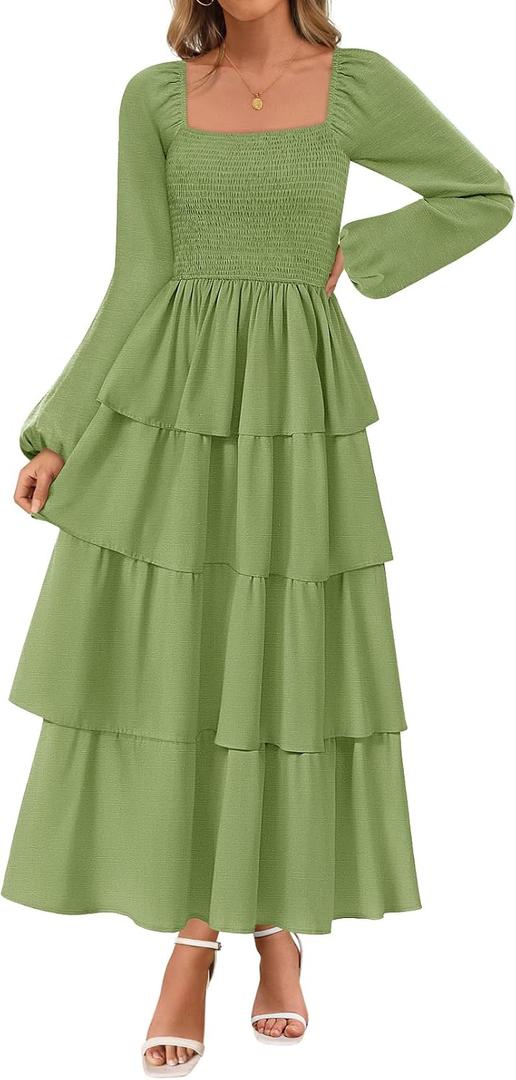MEROKEETY Women's Summer Spring Long Sleeve Ruffle Tiered Dress 2026 Flowy Layered Square Neck Smocked Maxi Dresses (Green, S)