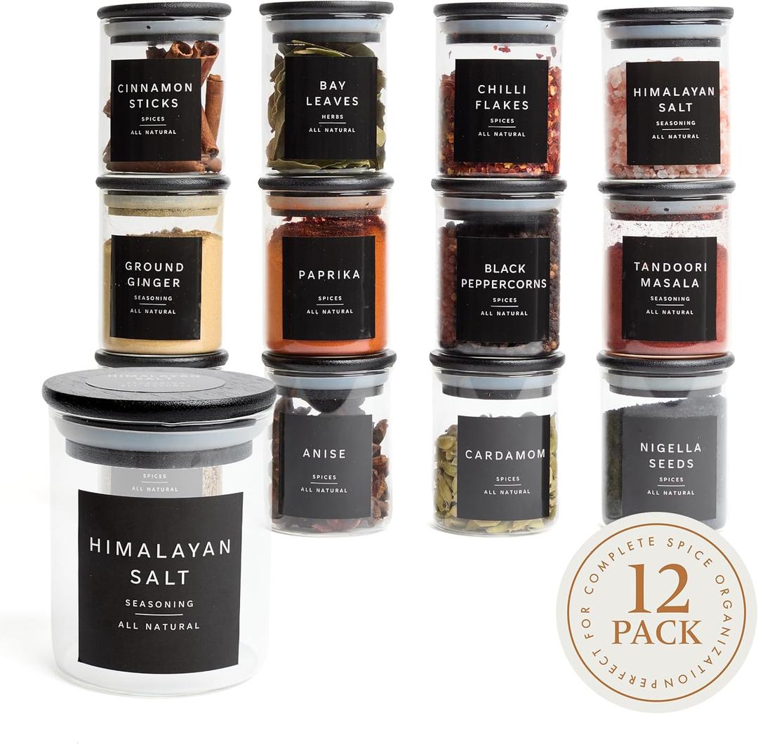 Glass Spice Jars with Labels-12 Pack- 6.8oz- 360 Labels- Spice Containers Bamboo Lids -Spices Organization for Cabinet-Drawer-Rack-Seasoning containers-herbs- Organizer-Spices Bottles-Black