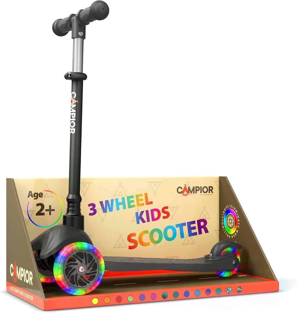 Black Mini 3 Wheel Scooter for Kids Lean-to-Steer with LED Light-Up Wheels, Adjustable Handlebar, Wide Anti-Slip Deck, Smooth PU Wheels, Rear Foot Brake Toddler Scooter for Ages 2+