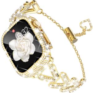 KADES Band & Case Designed for Apple Watch Series 46mm 45mm 44mm 42mm 41mm 40mm 38mm for Women, Metal Strap with Bling Rhinestone Screen Protector Cover for iWatch 10 9 8 7 6 5 4 SE SE2 3 2 1