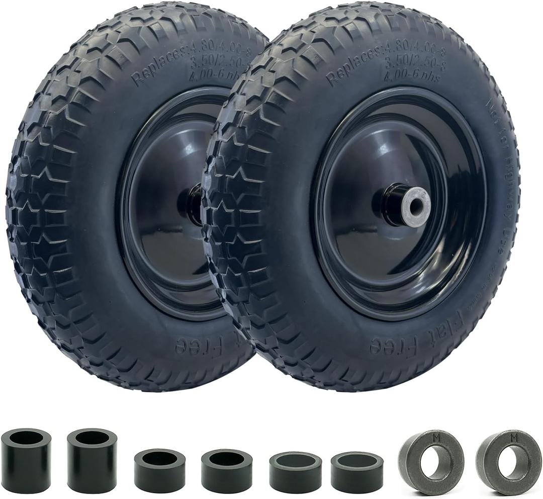 2-Pack of 3.50-8 Wheels,14.5" Flat Free Tires,Steel Rim,5/8" or 3/4"Axle Bore Hole,3-6" Centered Hub,13"-16" Universal Fit Tire for Wheelbarrow,Hand Truck,Garden and Utility Carts, Trolleys and More