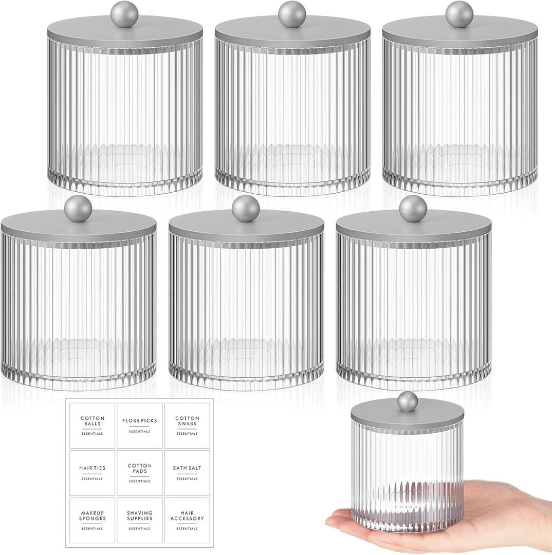 Yaomiao 6 Pcs Ribbed Bathroom Canisters Apothecary Jars with Silver Bamboo Lids and Label Stickers, 18 oz Plastic Canister with Fluted Design for Cotton Ball, Swab, Floss Picks House Storage