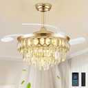 42 Inch Fandelier Ceiling Fan with Light, Retractable Ceiling Fan with Lights Chandelier Fan for Bedroom, Living Room, LED Dimmable, 3 Color, 6 Wind Speed-Gold