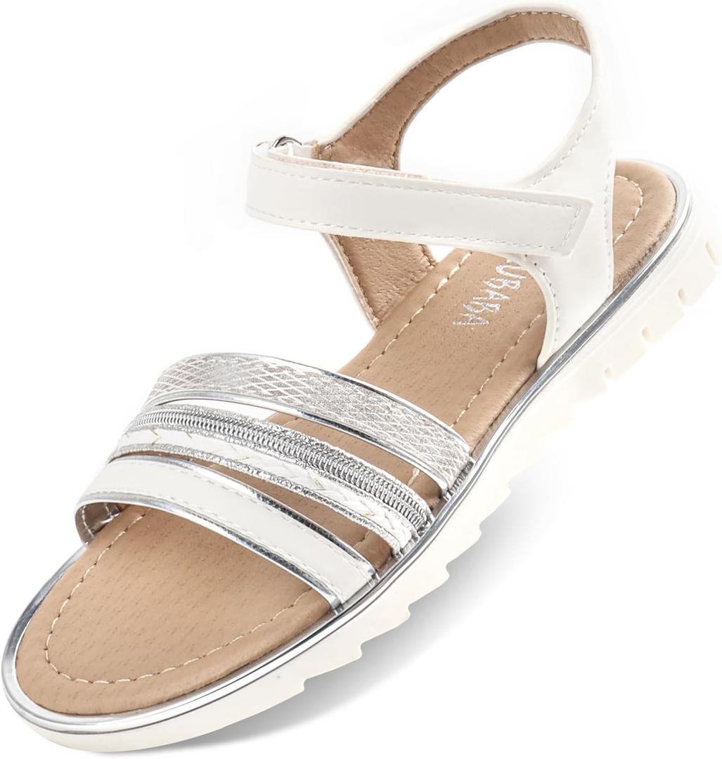 Wulubaba Girls Sandals Open Toe Glitter Flower Girl Dress Sandals | Adjustable Buckle, Glitter Braid Strap, Flat Summer Shoes, Toddler Little Big Kid (White)
