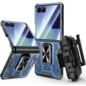 VEGO for Samsung Flip 7 Case with Belt Clip Holster, Hinge Protection Case with 360 Ring Kickstand & Camera Screen Protector Heavy Duty Protective Armor Cover for Galaxy Z Flip 7 - Blue